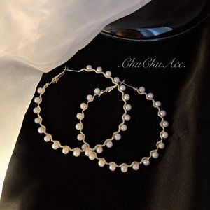 New Gold Faux Pearl Hoop Circle Earrings